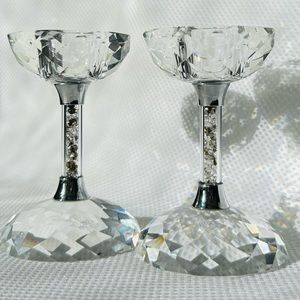 Oleg Cassini Crystal Glass Candlesticks Glitters w Clear Crystals Candle Holder